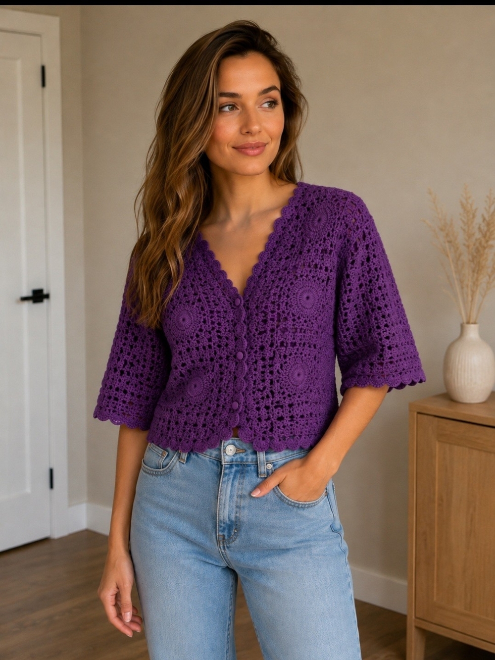 Expressions Purple Crochet V-Neck Button-Front Sweater